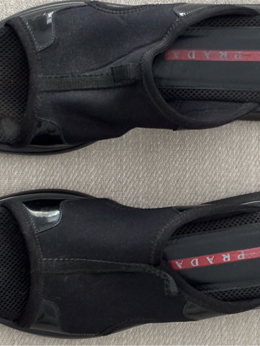 Prada Black Mesh & Patent Trim Slide Sandals with Red Insole Stripe - Picture 2 of 8